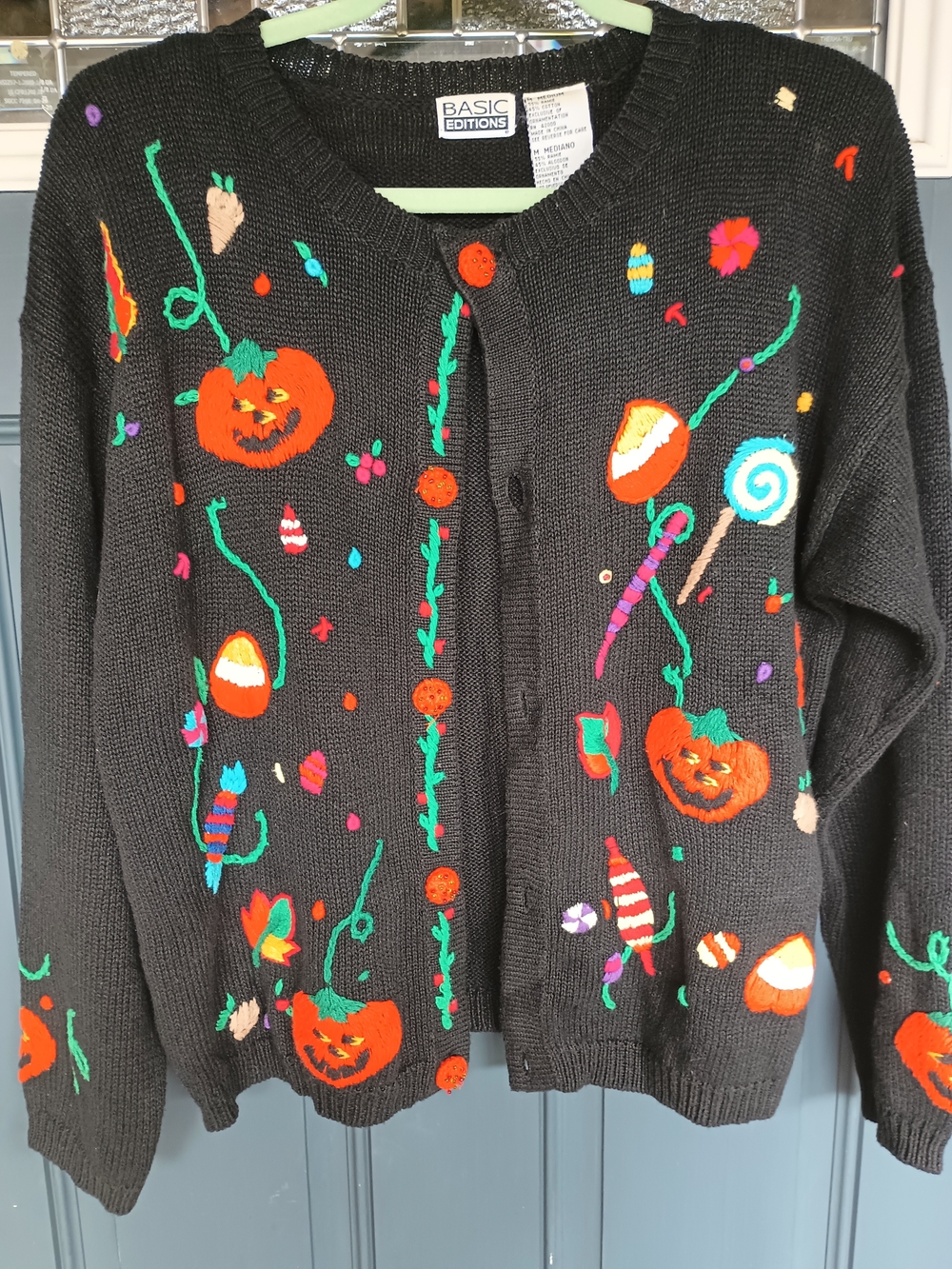 Vintage Basic Editions Black Cardigan w/ Pumpkin &  Candy Embroidery Spooky Sz M